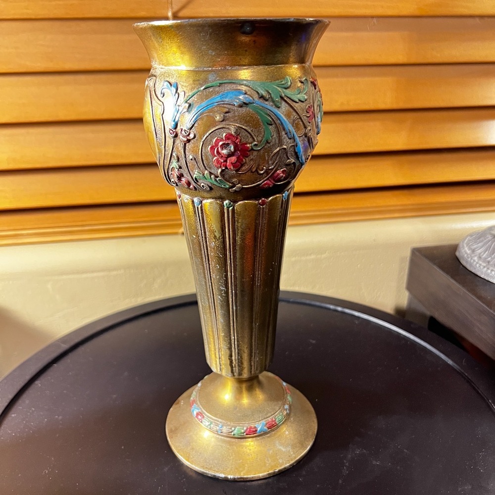 Vintage Etched Brass & Enamel Floral Vase Boho Decor 9.5 Inch Tall - Picture 8 of 15